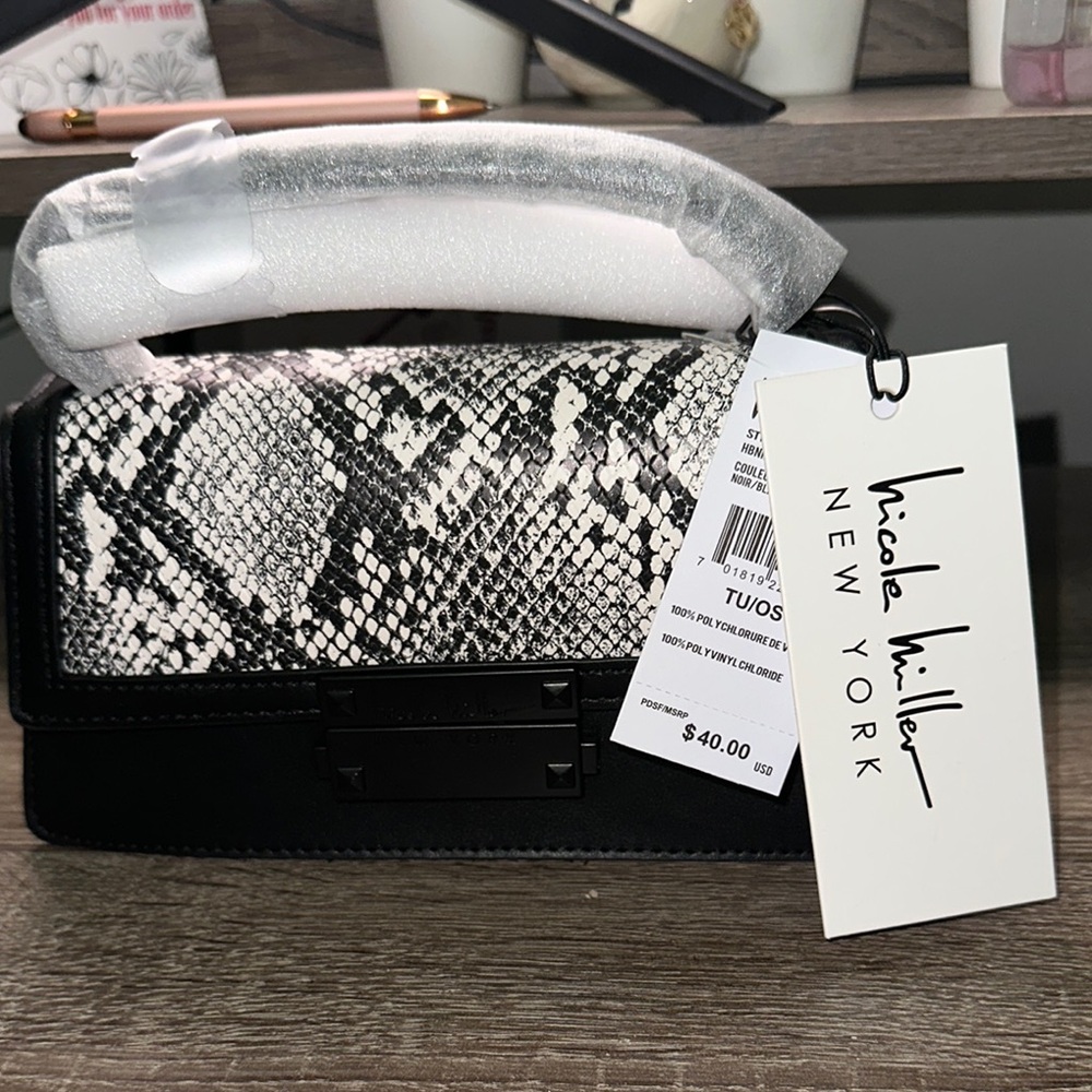 Nicole Miller Black and White Clutch with Snakeskin Pattern